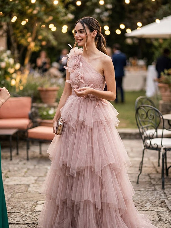 Elegant Floral Dusty Pink One Shoulder A-line Ruffled Evening Dress, Prom Dress, PD28231223