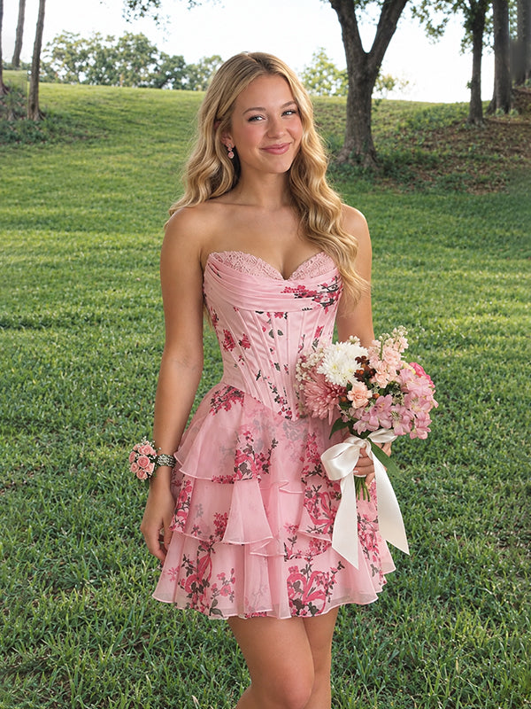 Stunning Pink Floral Strapless Corset A-line Homecoming Dress, HC382292