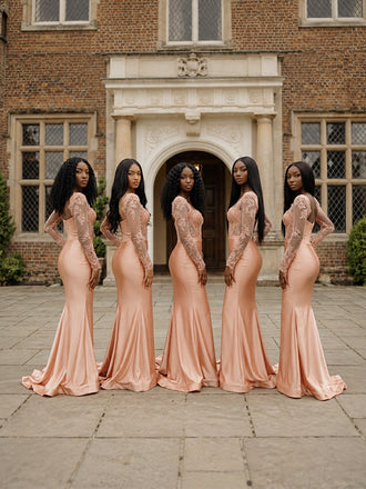 Sexy Pink Long Sleeves Sweetheart Lace Appliques Mermaid Bridesmaid Dress, PD2823095