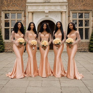 Sexy Pink Long Sleeves Sweetheart Lace Appliques Mermaid Bridesmaid Dress, PD2823095