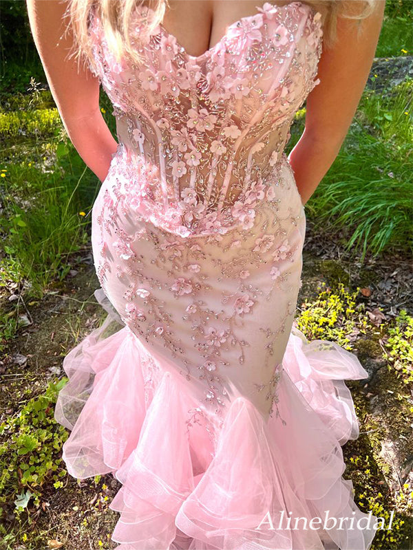 Stunning Pink Floral Lace Strapless Mermaid Prom Dress, Evening Dress, AlineBridal Stunning Pink Floral Lace Strapless Mermaid Prom Dress, Evening Dress, AlineBridal