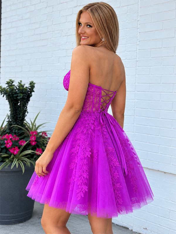 Elegant Strapless Purple A-line Short Lace Homecoming Dress, HD3259