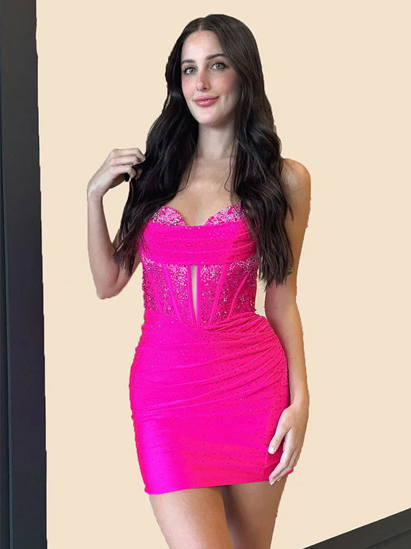 Sparkly Hot Pink Sequins Bodycon Short Homecoming Dress, HC382295