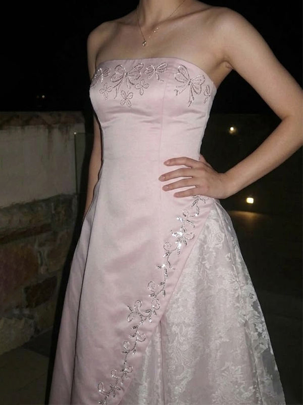 Elegant Pink Lace Appliques Strapless A-line Evening Dress, Prom Dress, PD28231222