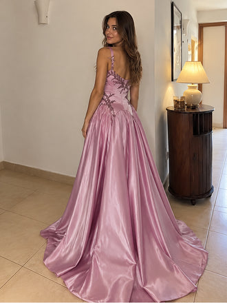 Elegant Mauve Pink Satin Lace Beaded A-Line Evening Dress, Prom Dress, PD28231294
