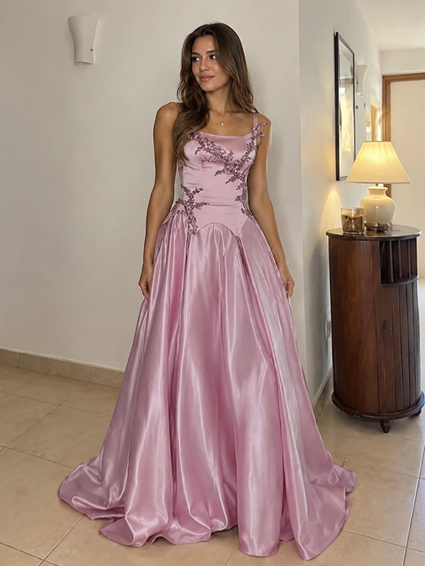 Elegant Mauve Pink Satin Lace Beaded A-Line Evening Dress, Prom Dress, PD28231294