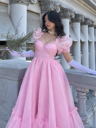 Gorgeous Pink Ruffles A-line Princess Prom Dress with Puff Sleeves, Evening Dress, WD3061
