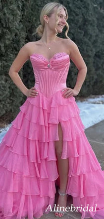 Gorgeous Pink Strapless Corset A-line Ruffled Tiered Prom Dress with Slit, PD3823026