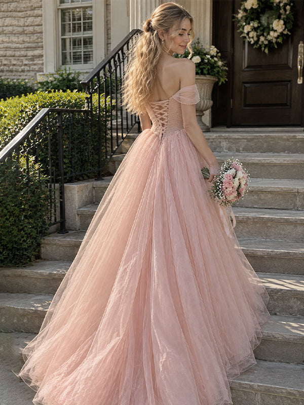 Elegant Light Pink Sweetheart Beading A-line Long Layered Tulle Prom Dress,PD38046