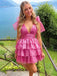 Hot Pink V-neck Tie Shoulder A-line Tiered Homecoming Dress, HD3226