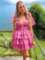 Hot Pink V-neck Tie Shoulder A-line Tiered Homecoming Dress, HD3226