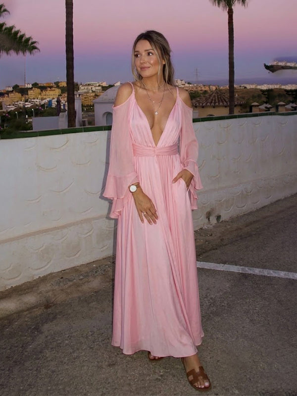 Flowy Pink V-neck Chiffon Long Sleeves A-line Long Evening Dress, PD381981