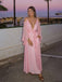 Flowy Pink V-neck Chiffon Long Sleeves A-line Long Evening Dress, PD381981