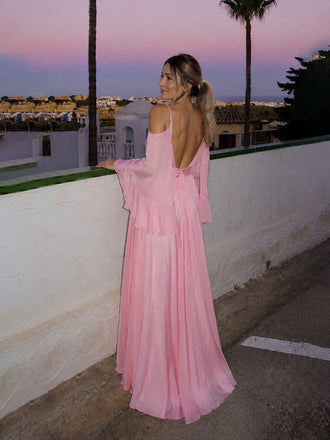 Flowy Pink V-neck Chiffon Long Sleeves A-line Long Evening Dress, PD381981