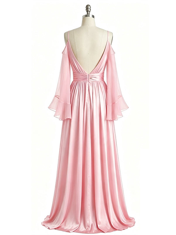 Flowy Pink V-neck Chiffon Long Sleeves A-line Long Evening Dress, PD381981