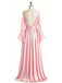 Flowy Pink V-neck Chiffon Long Sleeves A-line Long Evening Dress, PD381981