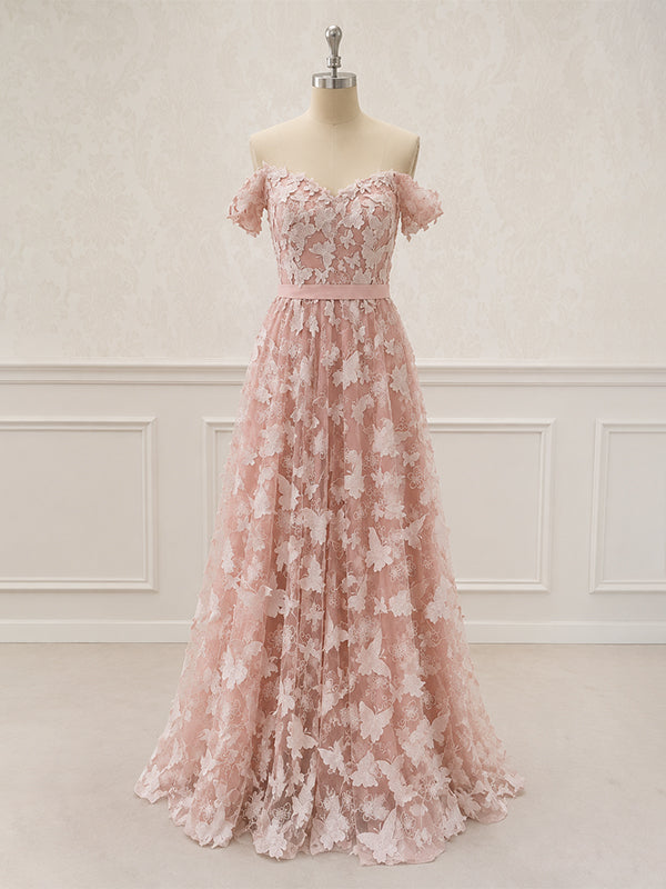 Elegant Pink Butterfly Off Shoulder A-Line Evening Dress, Wedding Guest Dress, PD00247