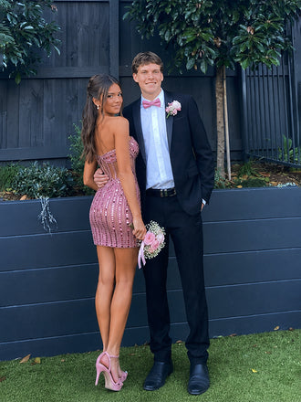 Sparkly Pink Beaded Strapless Short Mini Homecoming Dress, HC382317
