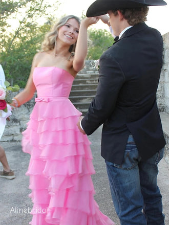 Sweet Strapless Ruffle Tiered  Pink Chiffon Long Prom Dress with Bow Detailing,Elegant Formal Dress, PD382268