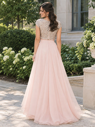 Elegant Pink Sequins Sleeve Two Poeces Long Bridesmaid Dress, Cheap Evening Dress, WG38