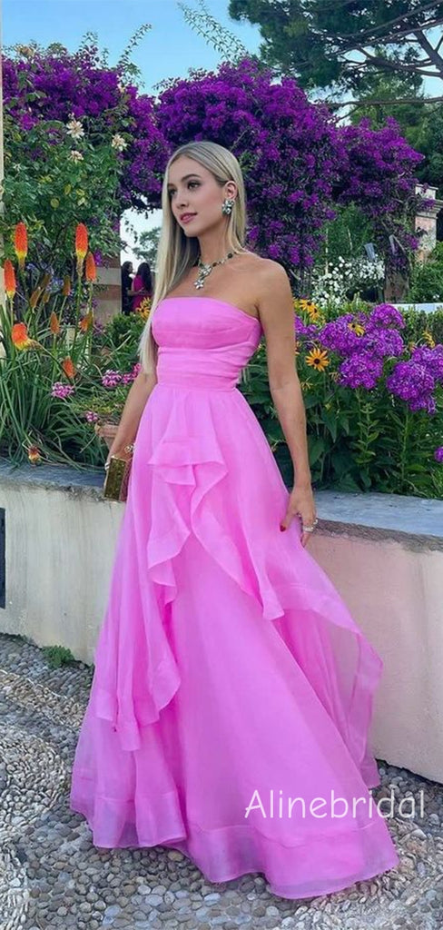 Elegant Strapless Ruffle  Hot Pink Maxi Long A-line Tulle Prom Dress，Formal Dress, PD382270