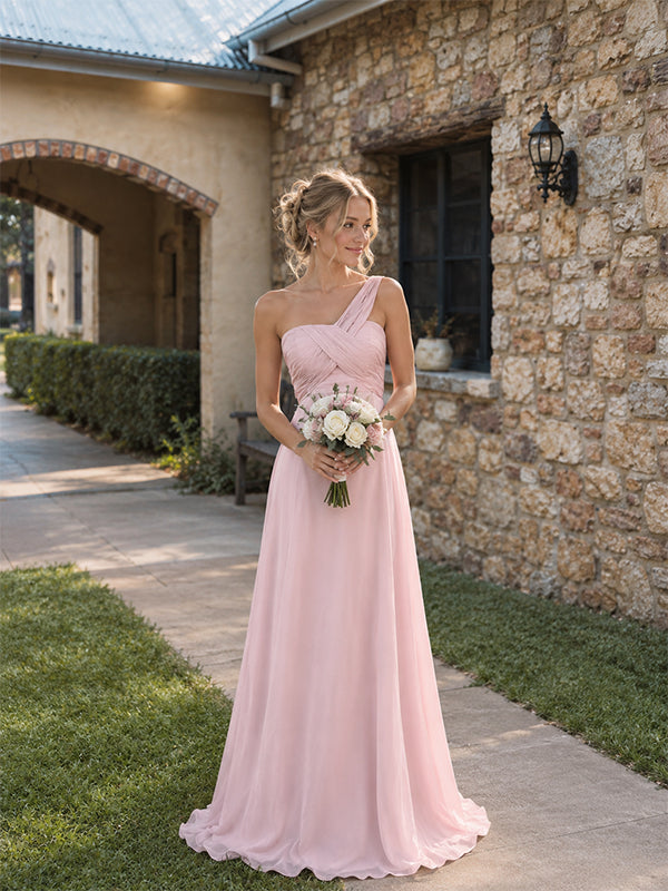 Mismatched Pleated Pink A-line Chiffon Bridesmaid Dress, PD2823100
