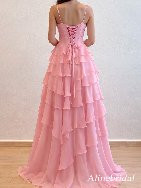 Gorgeous Pink Chiffon Corset A-line Ruffled Tiered Prom Dress, Evening Dress, PD3823046