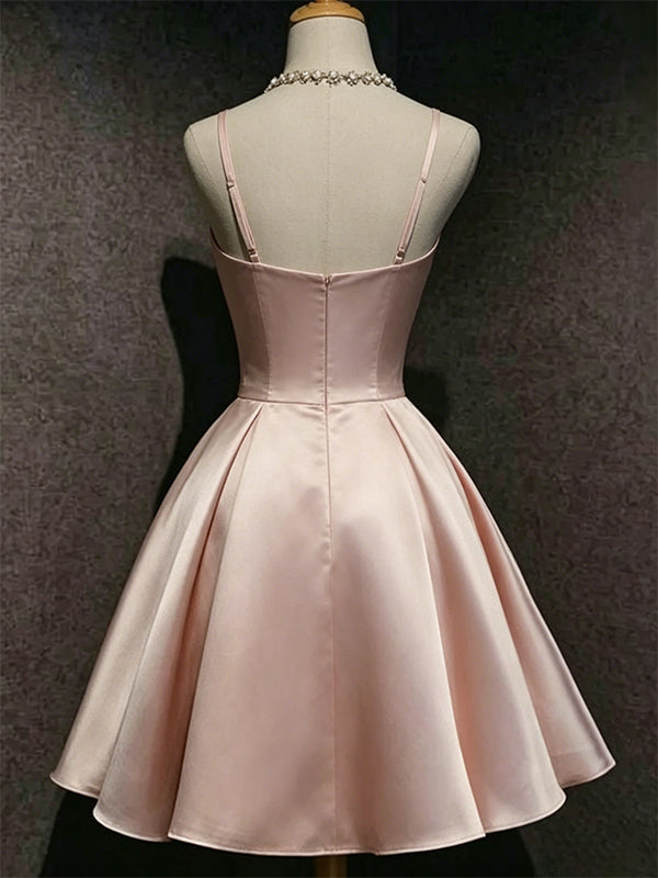 Elegant Pink Satin Bow A-line Short Homecoming Dress, HC382290
