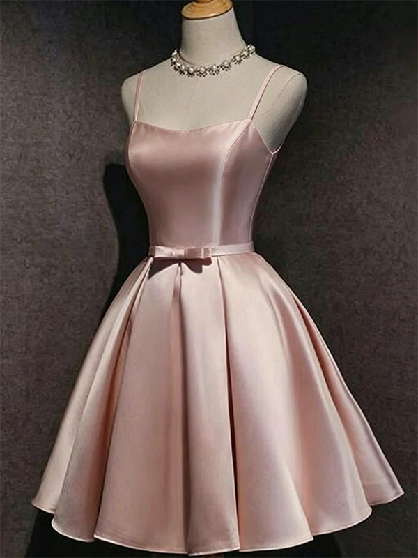 Elegant Pink Satin Bow A-line Short Homecoming Dress, HC382290
