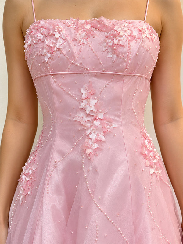 Elegant Pink Floral Beaded Backless A-line Prom Dress, Evening Dress, PD3822994