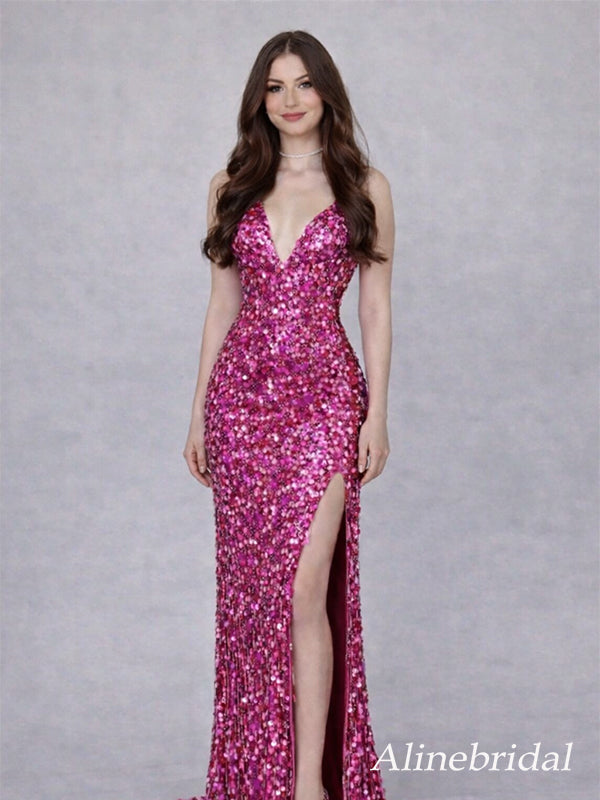 Sparkly V-Neck Backless Pink Glitter Prom Dress with High Slit – Sexy Evening Gown, PD382262