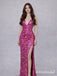 Sparkly V-Neck Backless Pink Glitter Prom Dress with High Slit – Sexy Evening Gown, PD382262