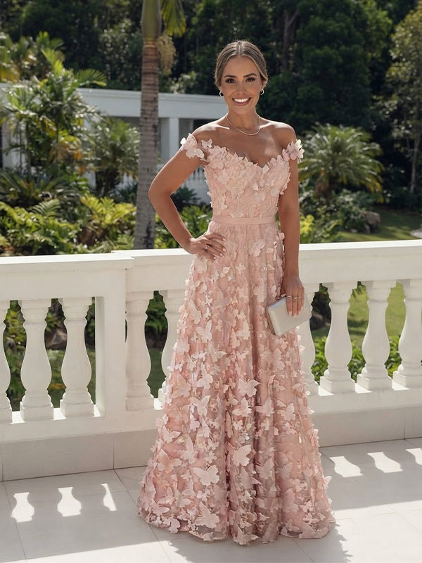Elegant Pink Butterfly Off Shoulder A-Line Evening Dress, Wedding Gues – AlineBridal