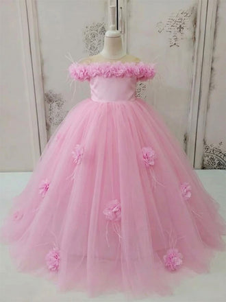 Elegant Pink Floral A-line Long Flower Girl Dresses, FGS166