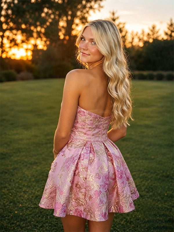 Gorgeous Floral Pink Bow Strapless A-line Short Mini Homecoming Dress, HC382309