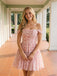 Elegant Pink Floral Off the Shoulder A-line Short Homecoming Dress, HC382290
