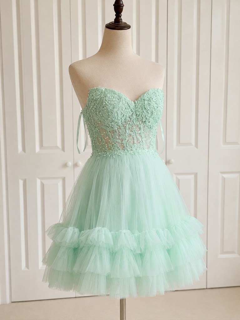 Elegant Pink Lace Beaded A-line Short Homecoming Dress, HC382320