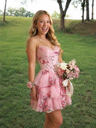 Stunning Pink Floral Strapless Corset A-line Homecoming Dress, HC382292