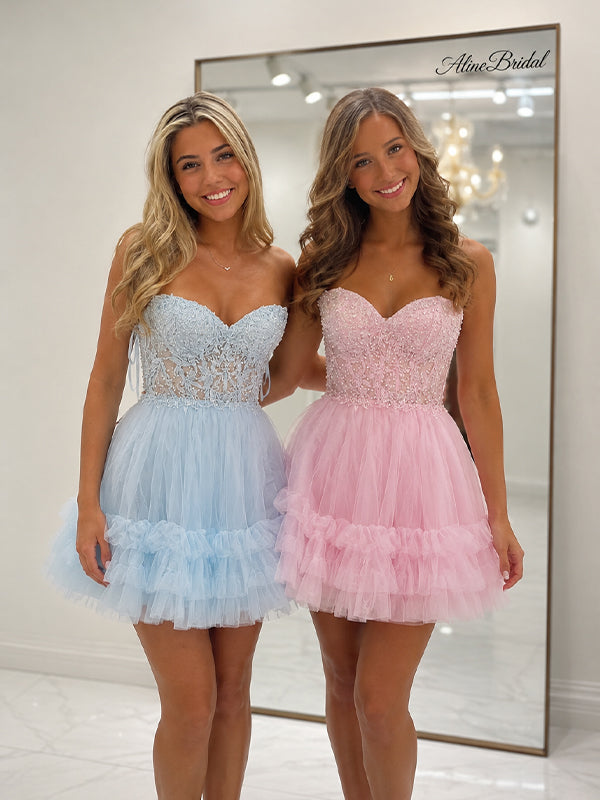 Elegant Pink Lace Beaded A-line Short Homecoming Dress, HC382320