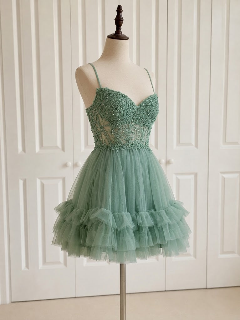 Elegant Pink Lace Beaded A-line Short Homecoming Dress, HC382320