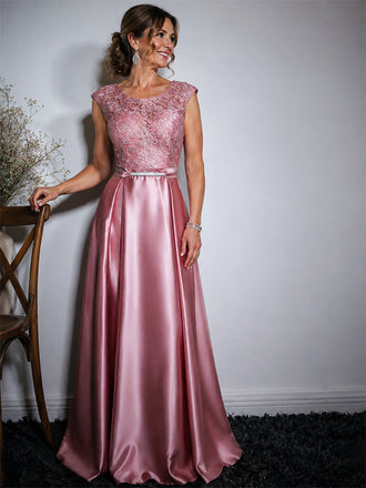 Elegant Pink Lace Appliques Bateau A-line Evening Dress, PD00021