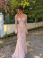 Elegant Pink Beaded Long Sleeves Mermaid Tulle Evening Dress, Prom Dress, PD28231301
