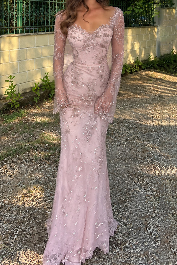 Elegant Pink Beaded Long Sleeves Mermaid Tulle Evening Dress, Prom Dress, PD28231301