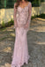 Elegant Pink Beaded Long Sleeves Mermaid Tulle Evening Dress, Prom Dress, PD28231301