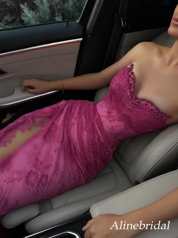 Sexy Hot Pink Lace Aplliques Strapless Mermaid Prom Dress with Slit, Evening Dress, PD2823057