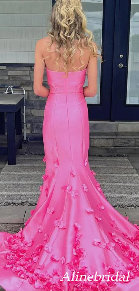 Stunning Pink Floral Appliques Strapless A-line Satin Prom Dress, Evening Dress, PD3823028