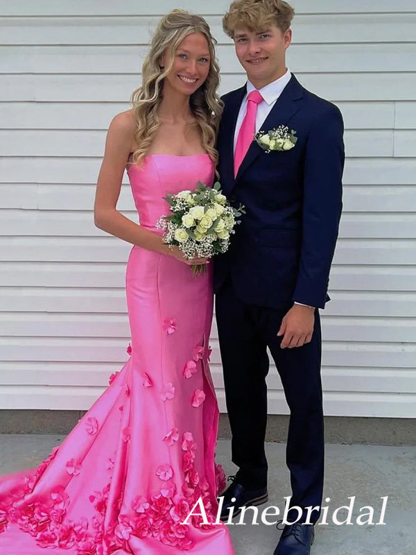 Stunning Yellow Floral Appliques Strapless A-line Satin Prom Dress, Evening Dress, PD3823023