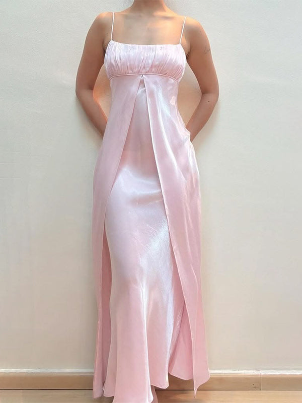 Simple Pink Satin Ruched A-line Prom Dress, Evening Dress, PD28231218
