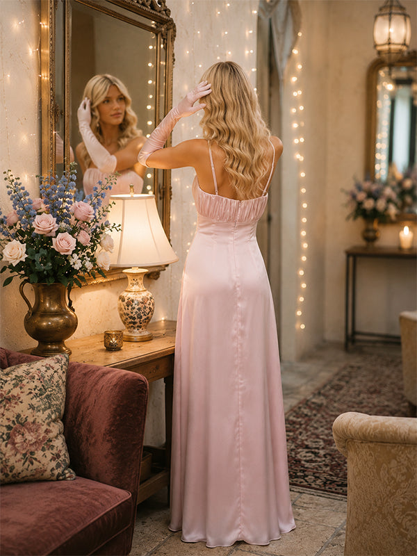 Simple Pink Satin Ruched A-line Prom Dress, Evening Dress, PD28231218
