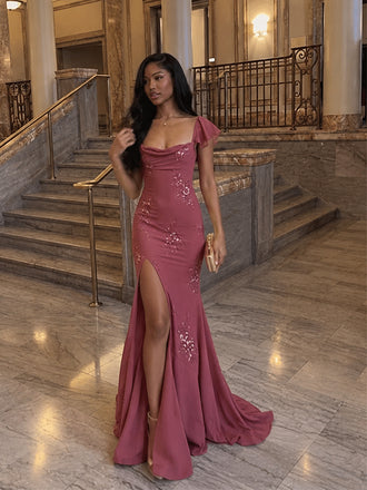 Elegant Pink Floral Sequin Mermaid Evening Dress with Slit, Prom Dress, PD28231298